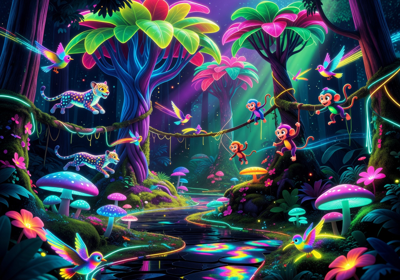 Cartoon jungle adventure world glowing neon fun environment