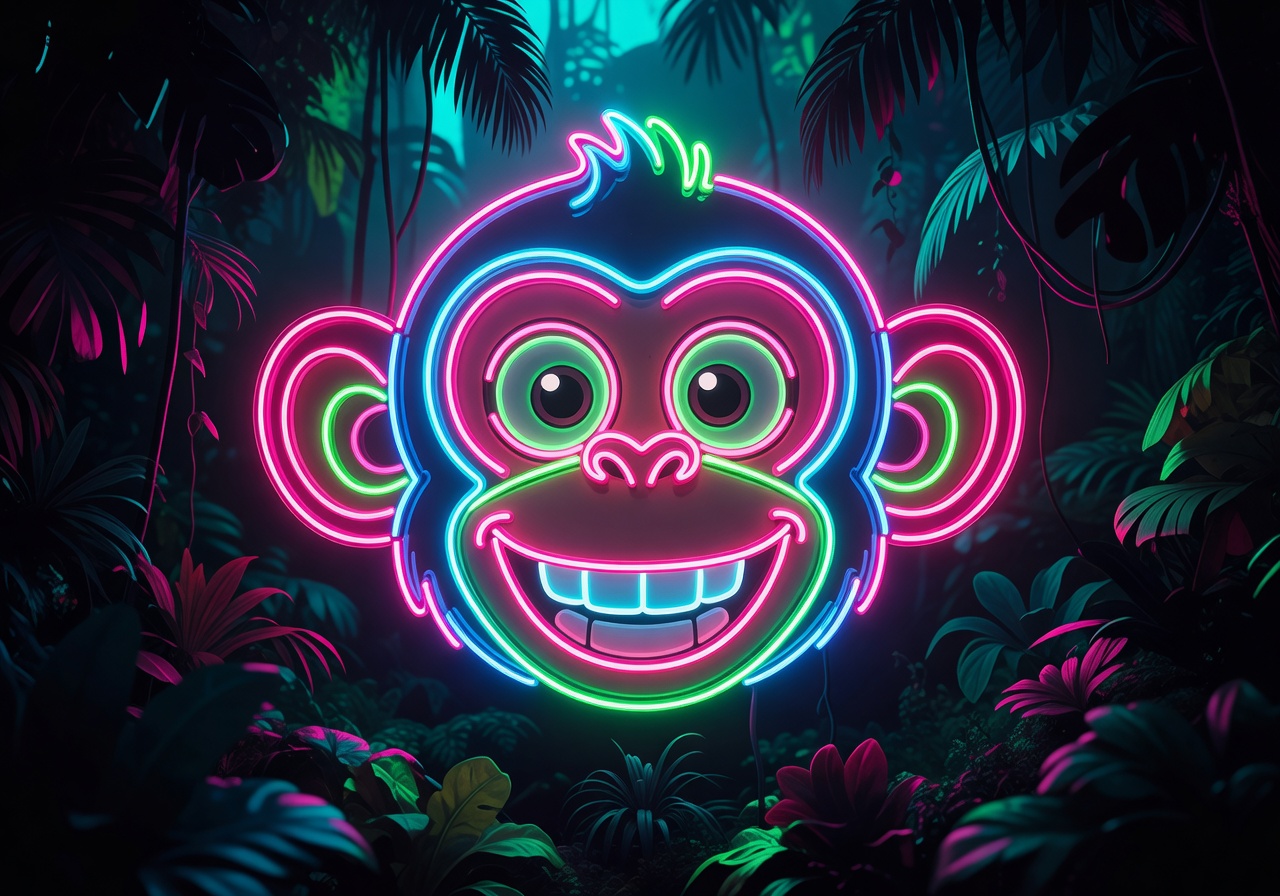 Funny monkey cartoon neon jungle face